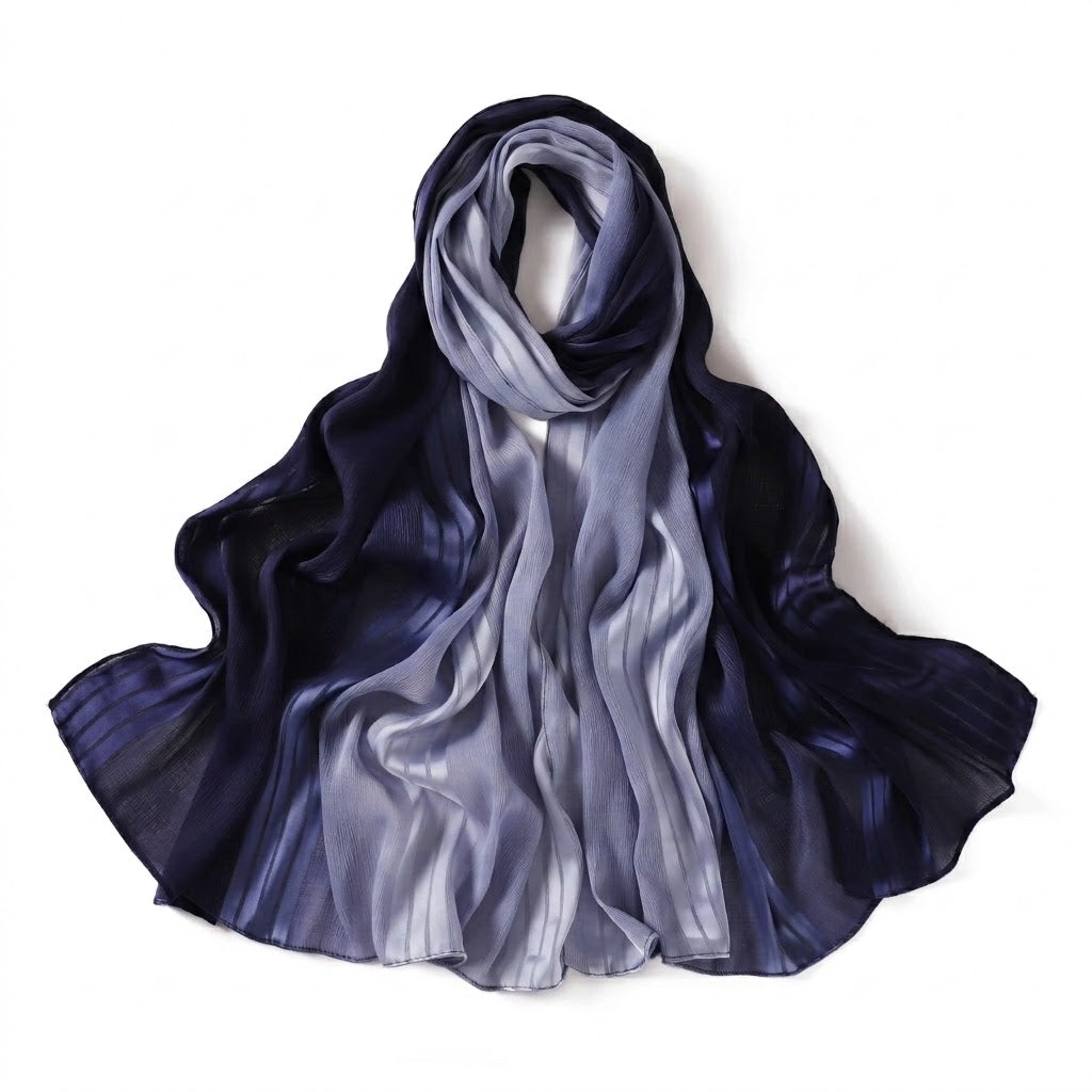Navy and gray gradient hijab on a white background