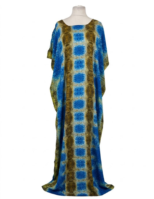 Mannequin wearing a long, patterned Somali baati dress with blue and green squares on a white background