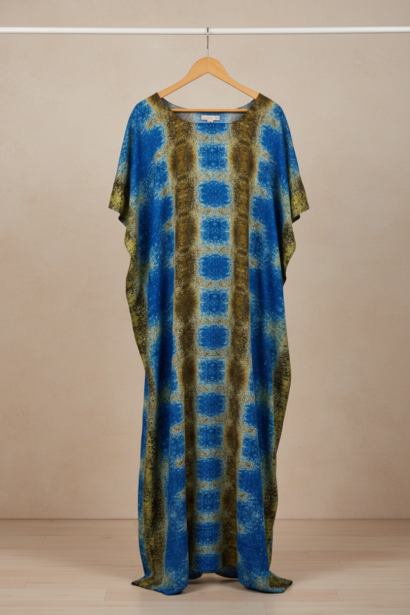 Blue and green patterned Somali baati dress on a wooden hanger against a beige background