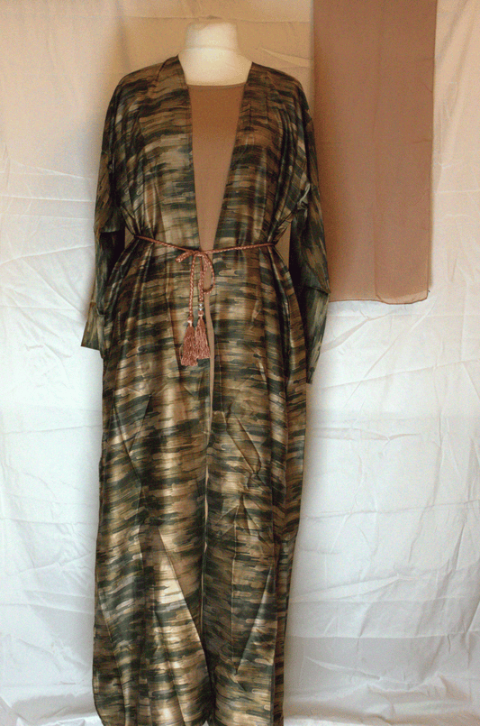Brown & Black Printed Two-Piece Abaya Set with Belt and Headscarf