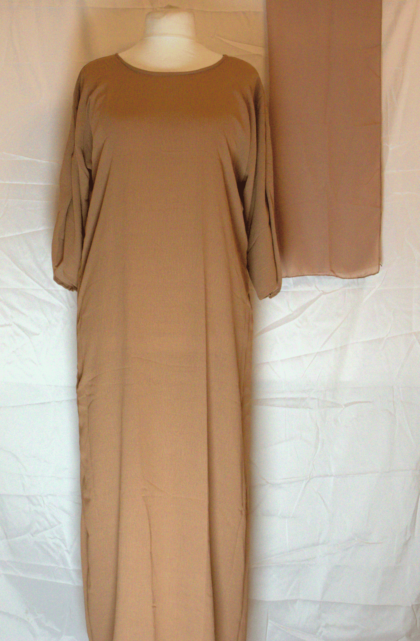 Brown & Black Printed Two-Piece Abaya Set with Belt and Headscarf