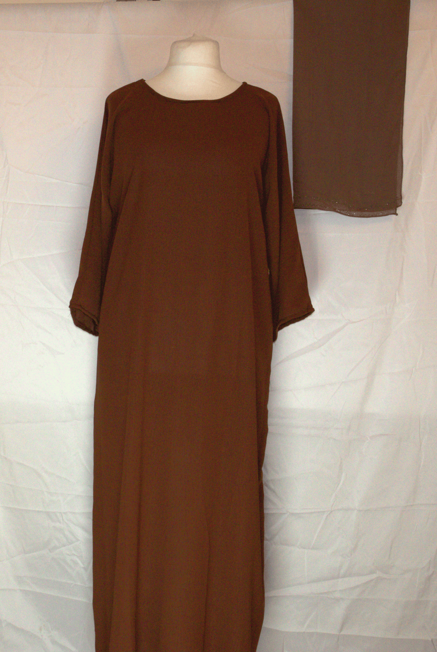 Brown Two-Piece Abaya Set with Belt and Headscarf