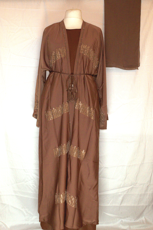 Brown Two-Piece Abaya Set with Belt and Headscarf