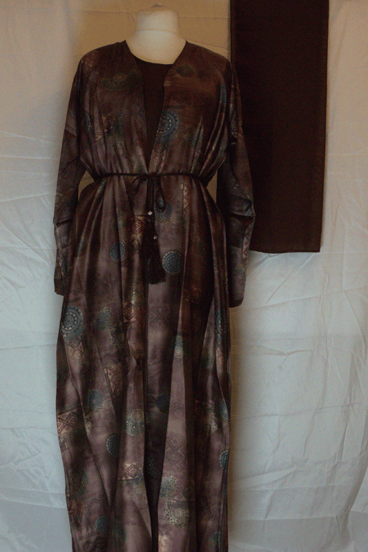 Brown Patterned Two-Piece Abaya Set with Headscarf