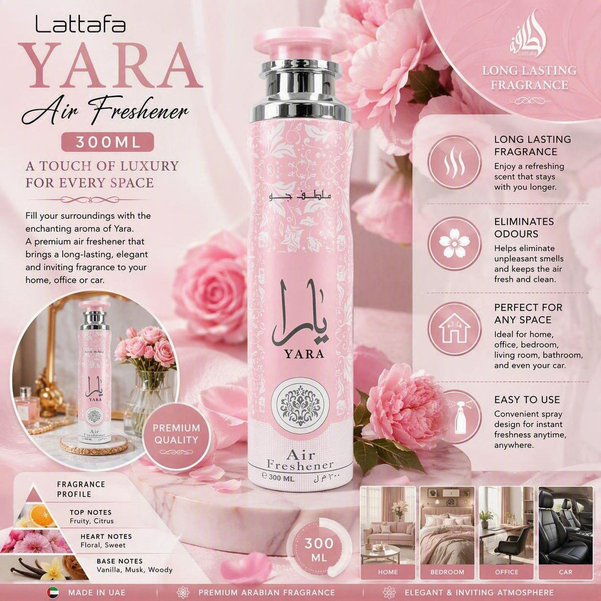 Lattafa Yara Air Freshener 300ml bottle in a pink spray canister with a silver pump, set against a pink background decorated with roses and informational text panels detailing the fragrance profile and room settings.
