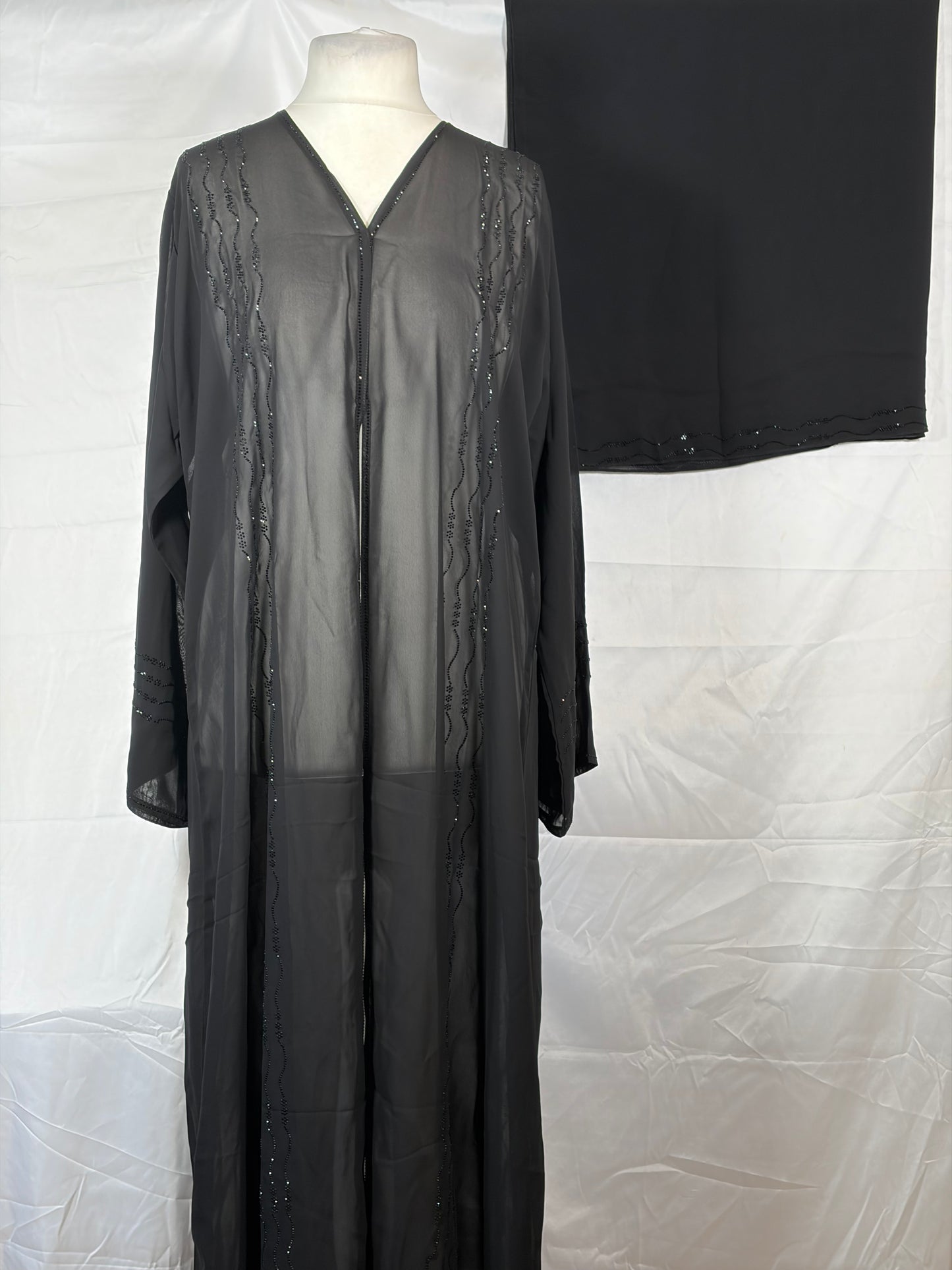 Black Wave Embroidery Open Abaya with Matching Shawl