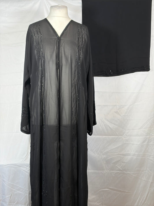 Black Wave Embroidery Open Abaya with Matching Shawl