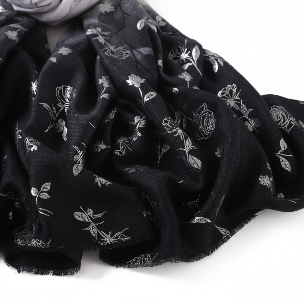 Black scarf with white floral patterns on a white background