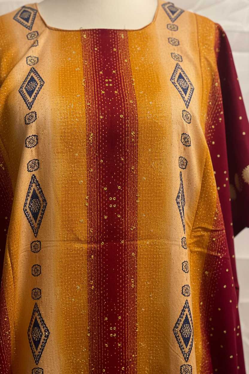 Traditional Somali baati with maroon and yellow stripes on a mannequin