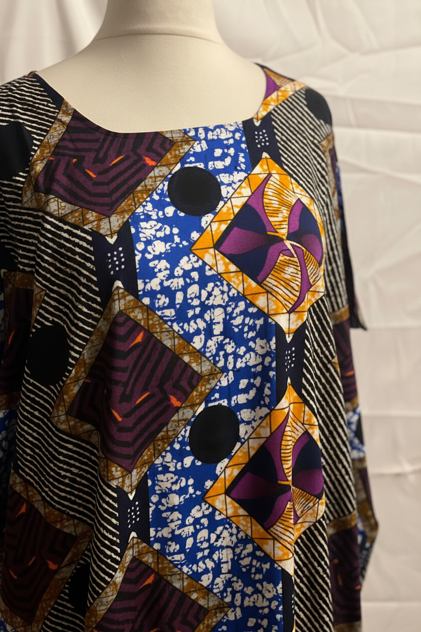 Mannequin wearing a colorful patterned somali baati dress with geometric designs.