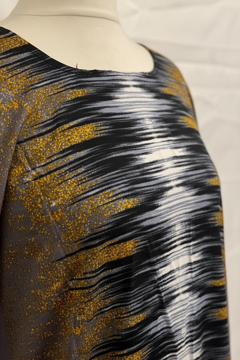 Close-up of a Somali baati dress with gold, black, and white pattern on a mannequin.