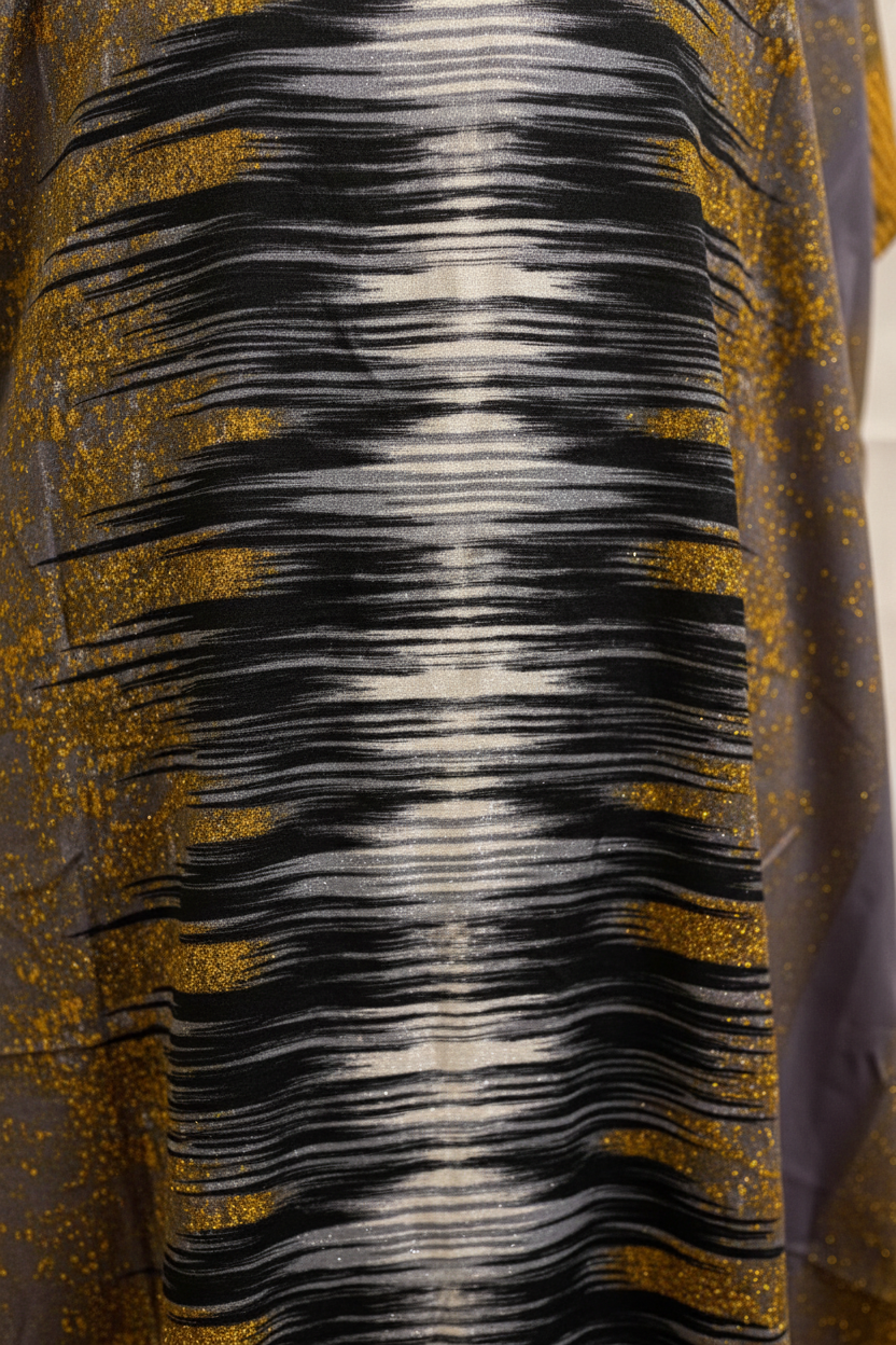 Close-up of a Somali baati store with black and white pattern on a gold background