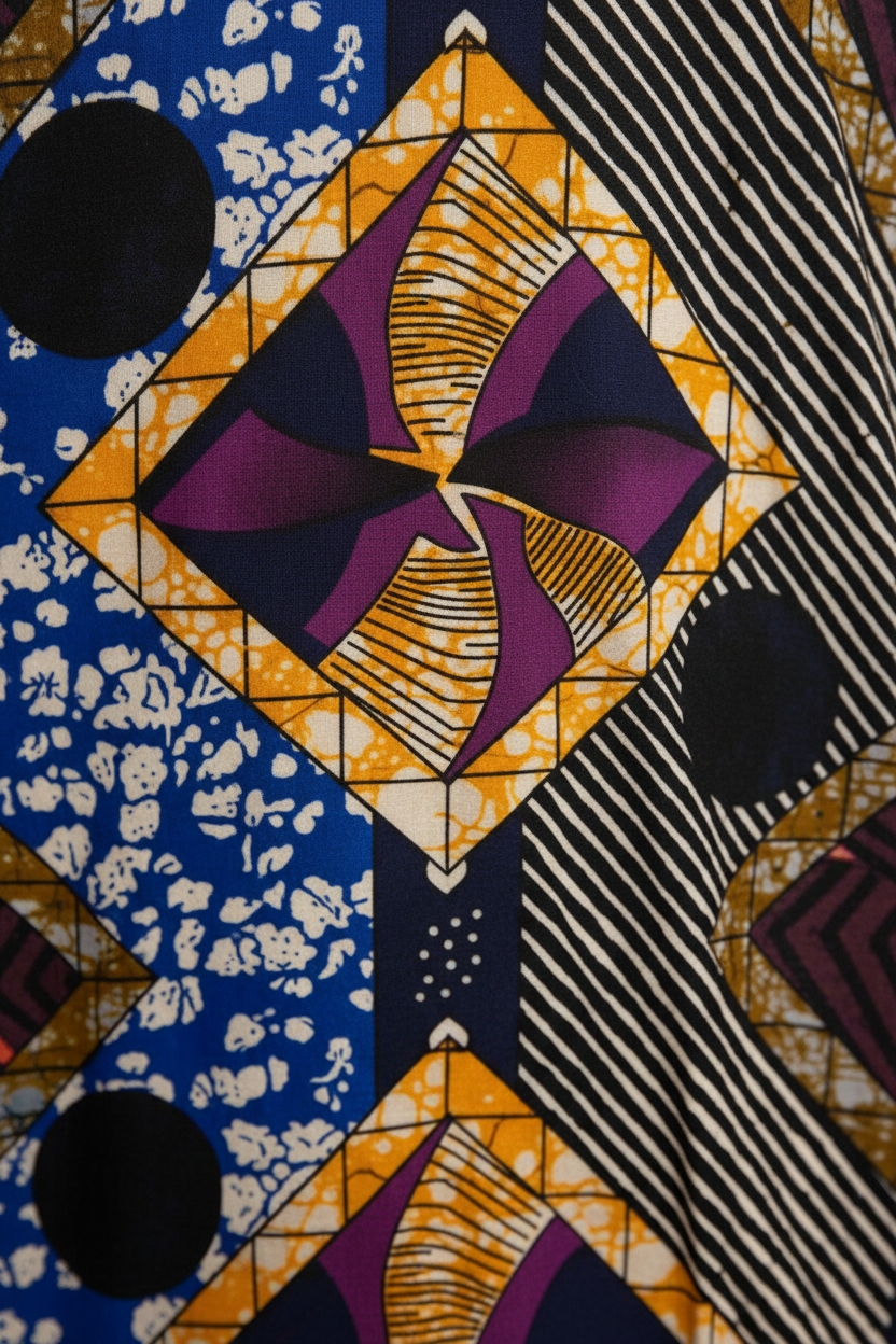 Close-up of a fabric with geometric patterns in purple, yellow, blue, and black.