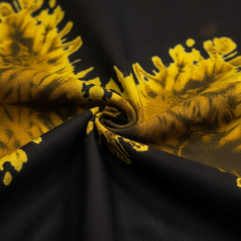 Close-up of black and yellow fabric with floral patterns