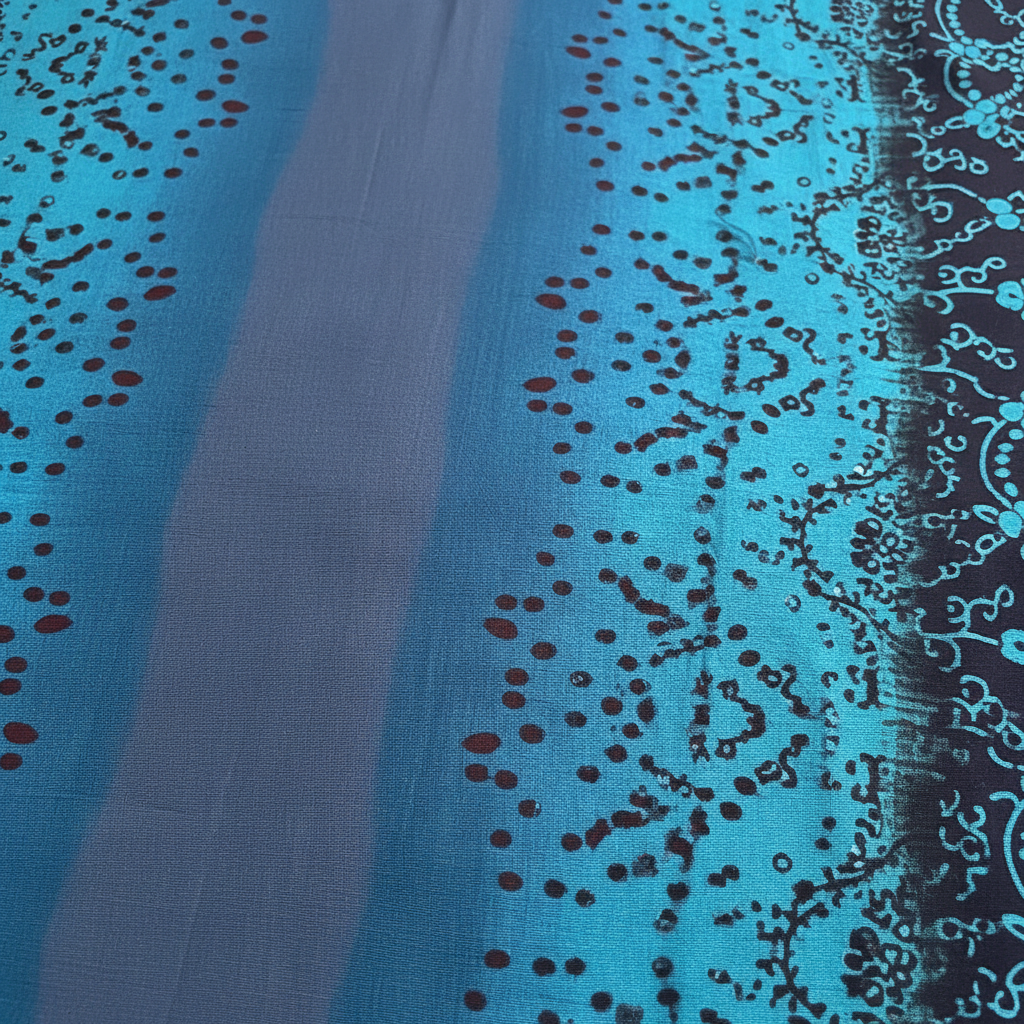 Close-up of blue Somali Baati fabric with black pattern