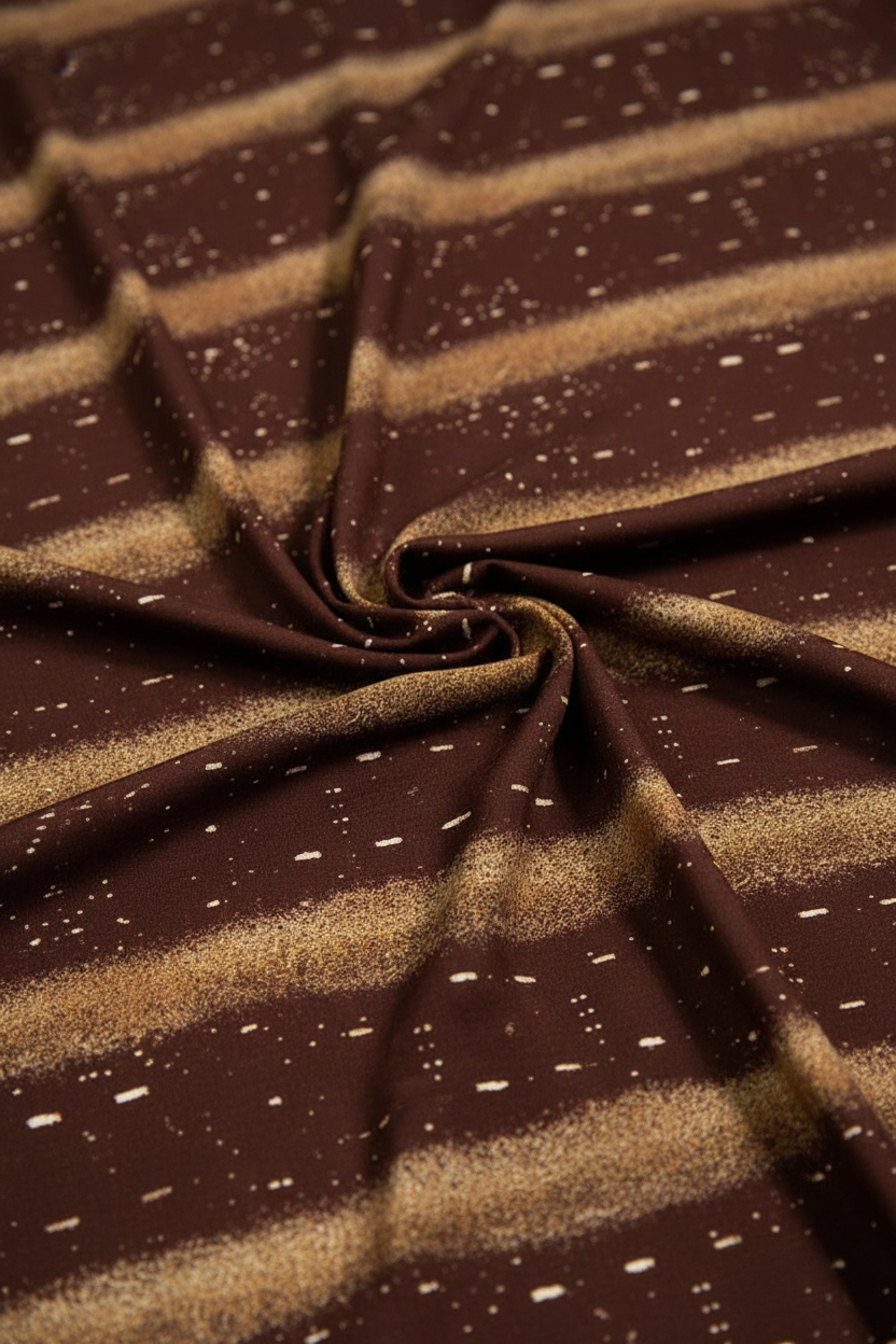 Close-up of brown Somali baati fabric with gold stripes and white speckles