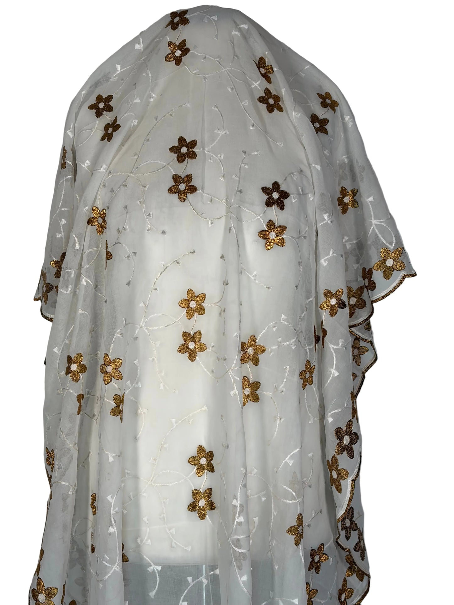 White Somali fabric with gold floral embroidery on a white background