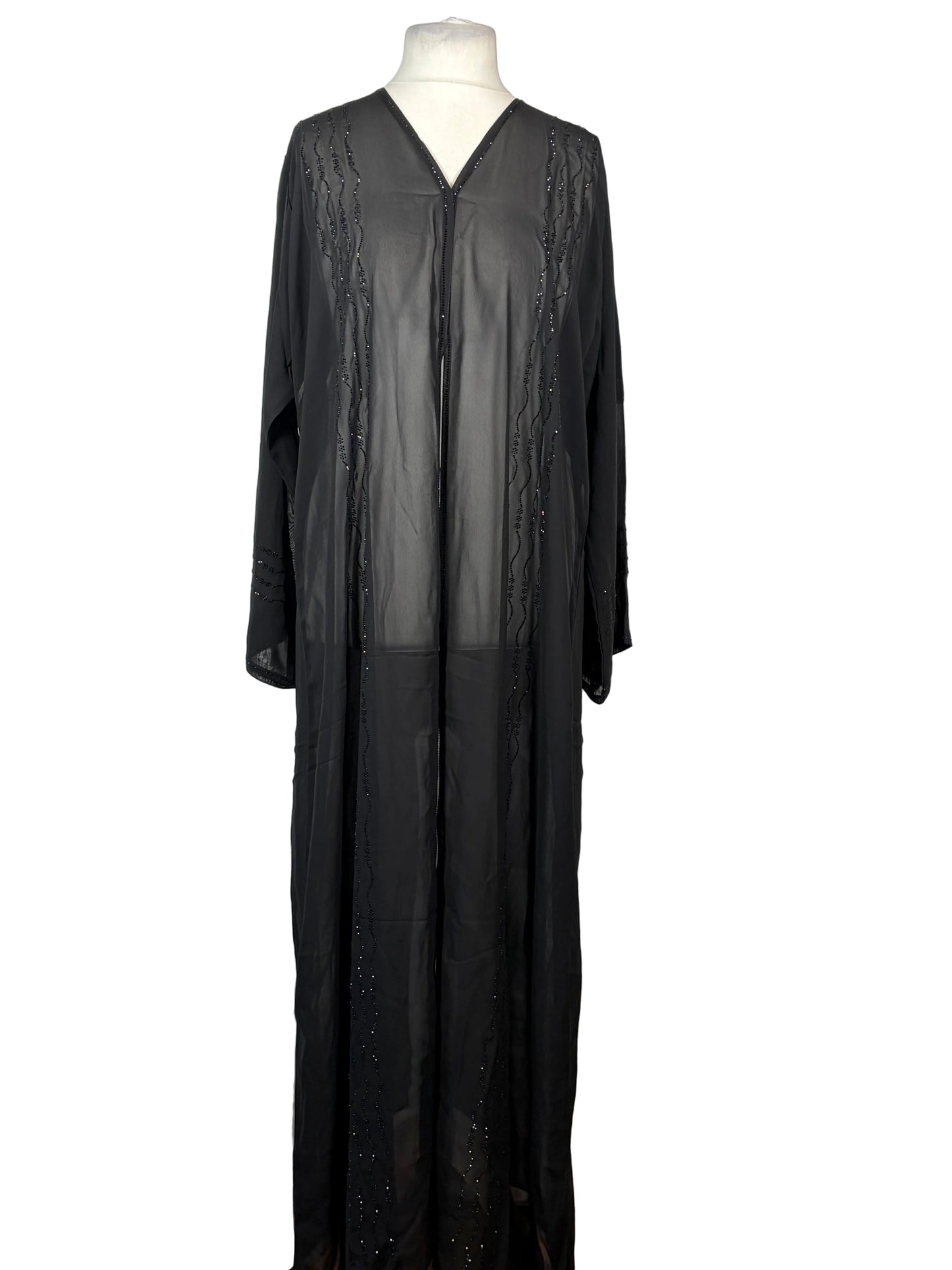 Black Wave Embroidery Open Abaya with Matching Shawl