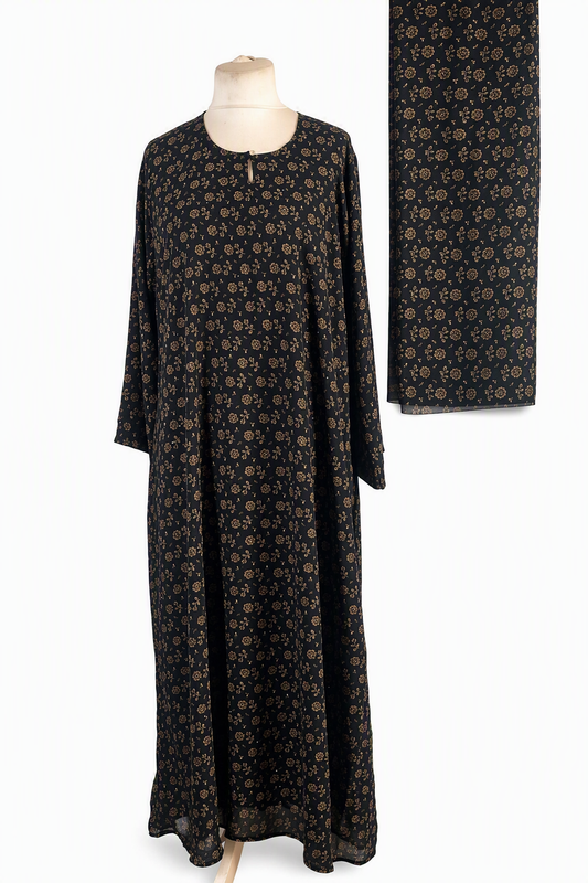 Elegant Floral One-Piece Abaya with Gold Shimmer