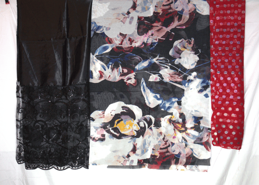 Dirac Swiss – Black Floral with Red Scarf Somali Fabric Set