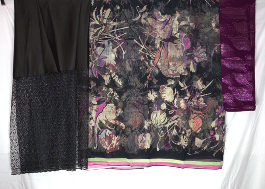 Dirac Swiss – Black Floral with Purple Scarf Somali Fabric Set