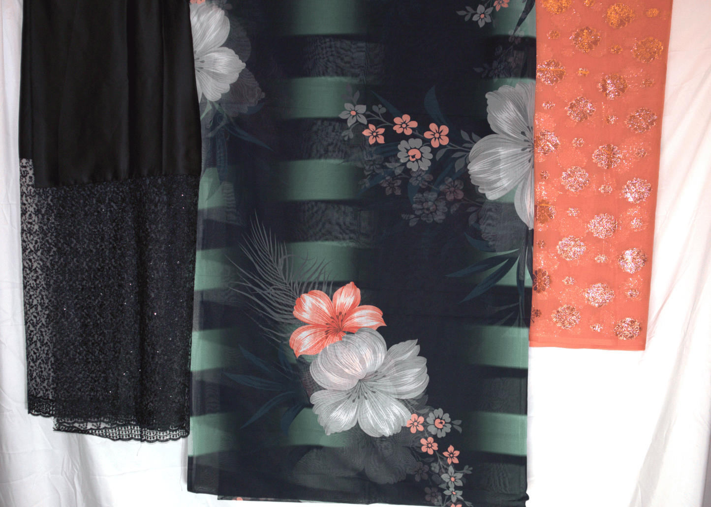 Swiss Dirac – Black, Forest Green & Peach Orange – 3 Piece