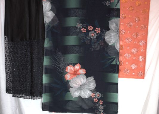 Swiss Dirac – Black, Forest Green & Peach Orange – 3 Piece