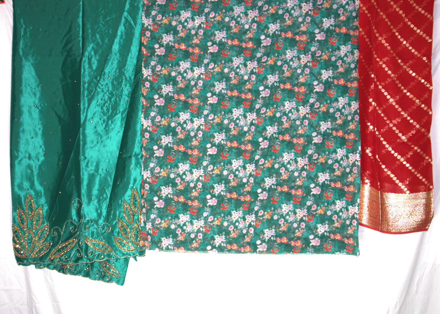 Dirac Swiss – Emerald Green Floral with Red & Gold Scarf Fabric Set