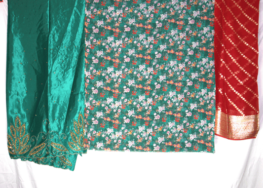 Dirac Swiss – Emerald Green Floral with Red & Gold Scarf Fabric Set