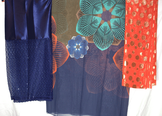 Dirac Swiss – Navy Blue with Bold Floral Print & Orange Scarf Fabric Set