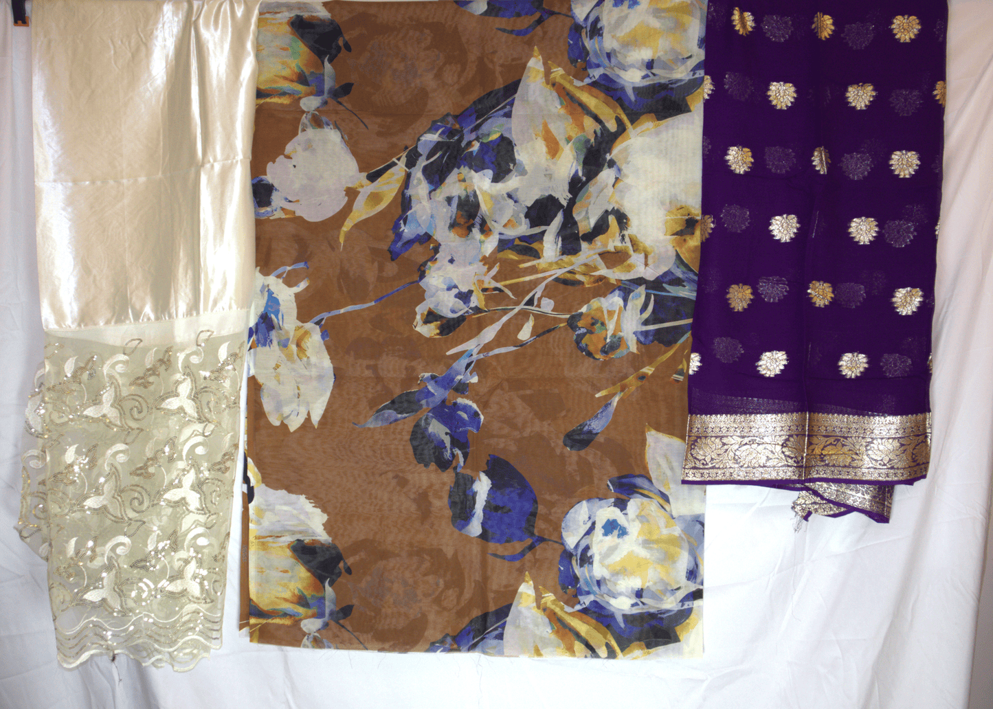 Swiss Dirac – White, Brown Floral & Royal Purple – 3 Piece