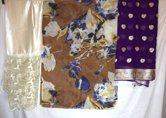 Swiss Dirac – White, Brown Floral & Royal Purple – 3 Piece