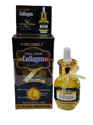 Dr. Comely Collagen facial serum packaging and bottle on a table.