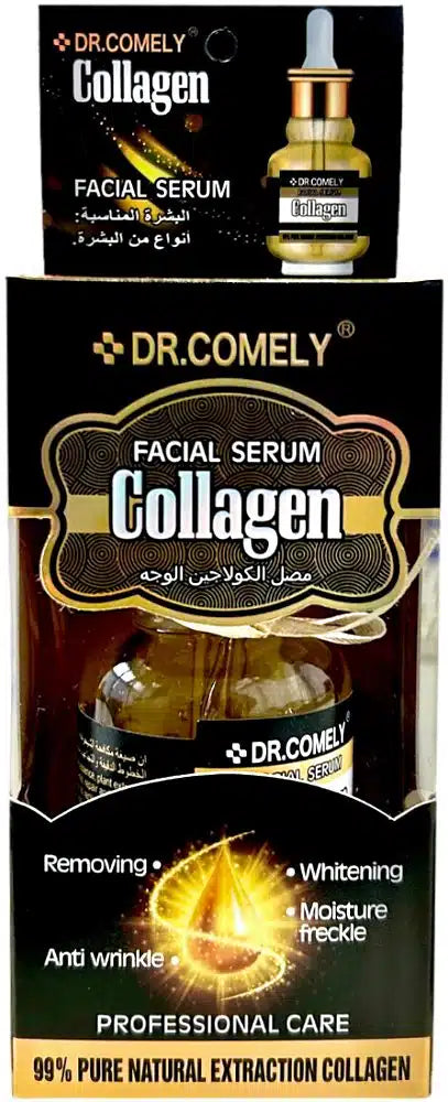 Dr. Comely Collagen facial serum packaging with dropper bottle on a black background