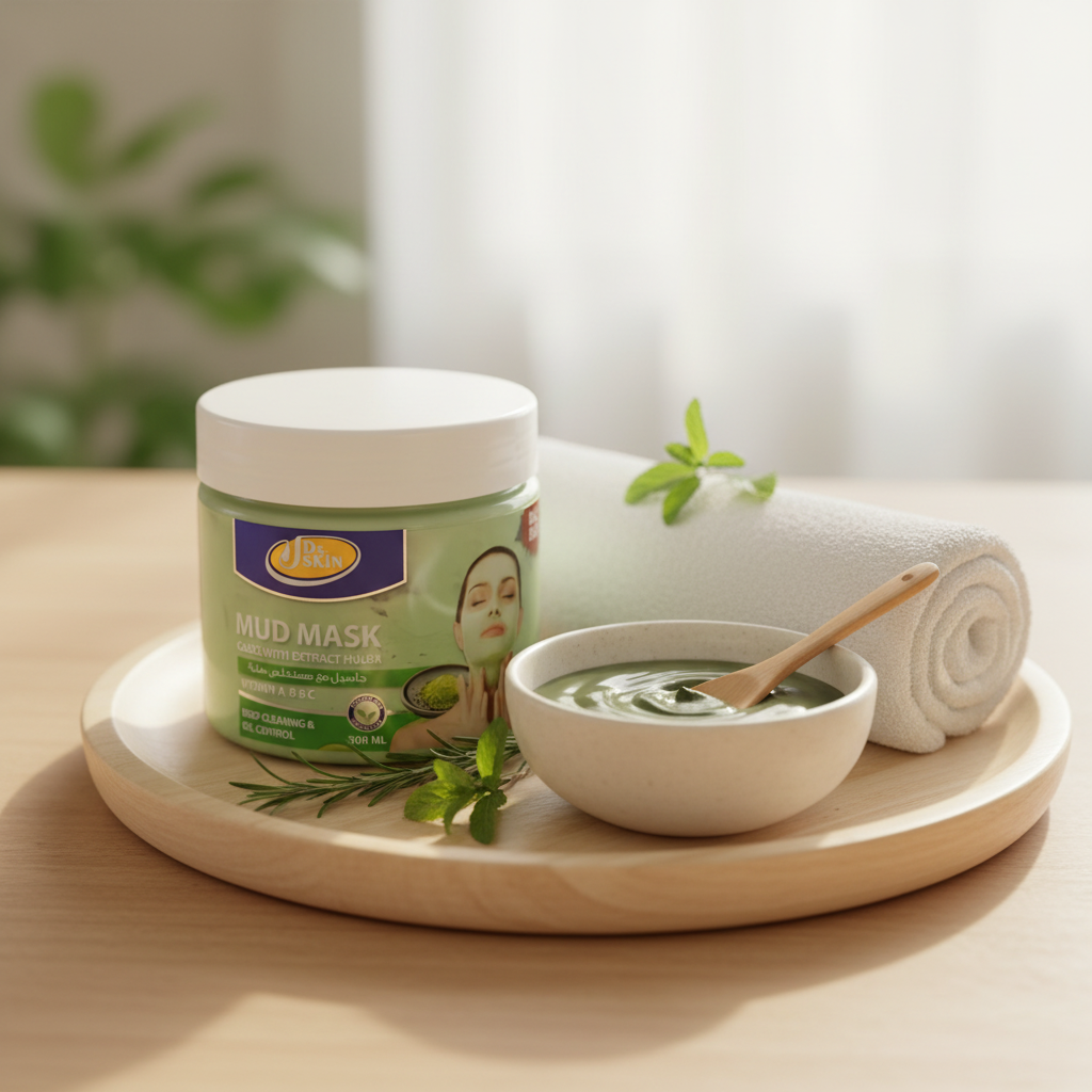 A jar of green mud mask sits on a round wooden tray with a small bowl of the mask, a wooden spoon, a rolled white towel, and fresh green leaves. The scene is softly lit with a blurred indoor background.