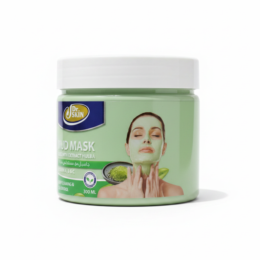 A 300 ml jar of Dr. Skin Clay Mask with green extract, featuring a light green label with a woman applying the mask, on a white background.
