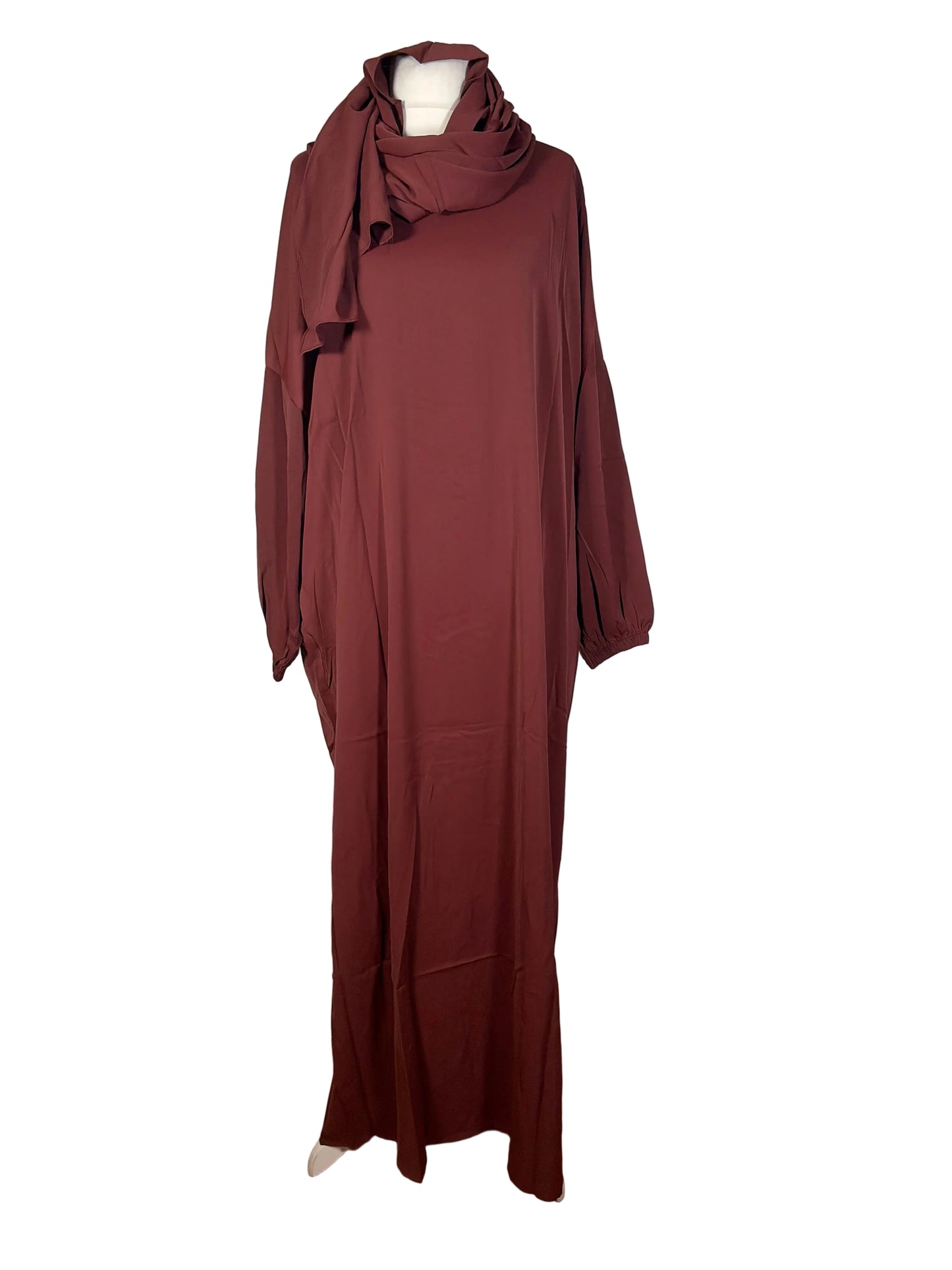 Maroon Abaya dress with matching scarf on a mannequin against a white background