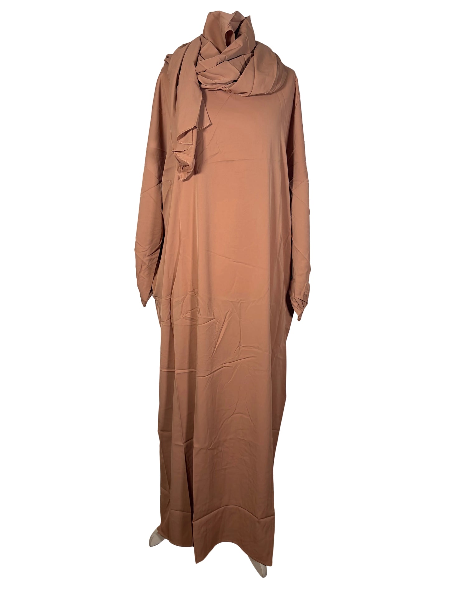 Brown Abaya dress with attached scarf on a mannequin against a white background