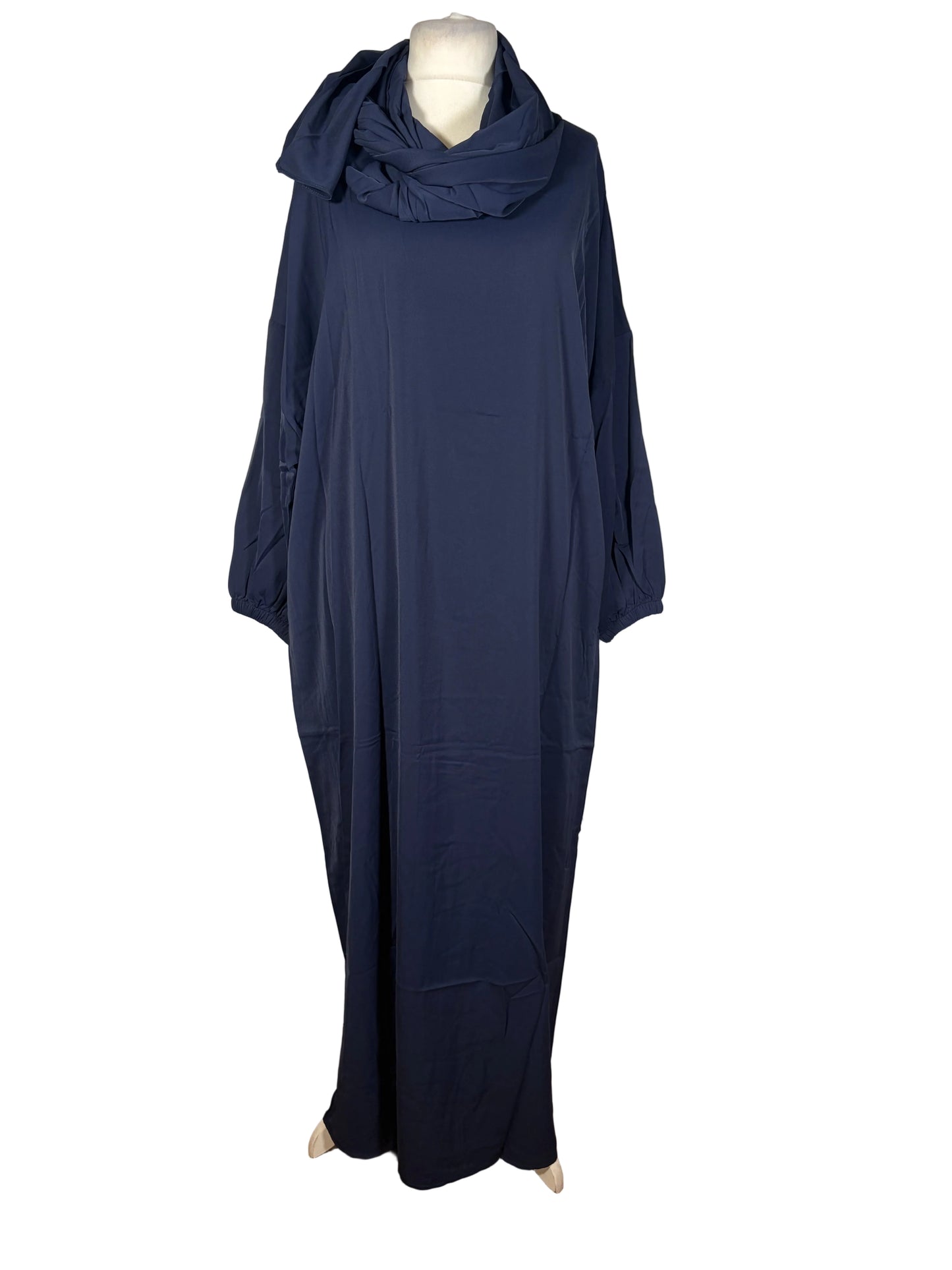 Navy blue Abaya dress with Scarf on a mannequin against a white backdrop