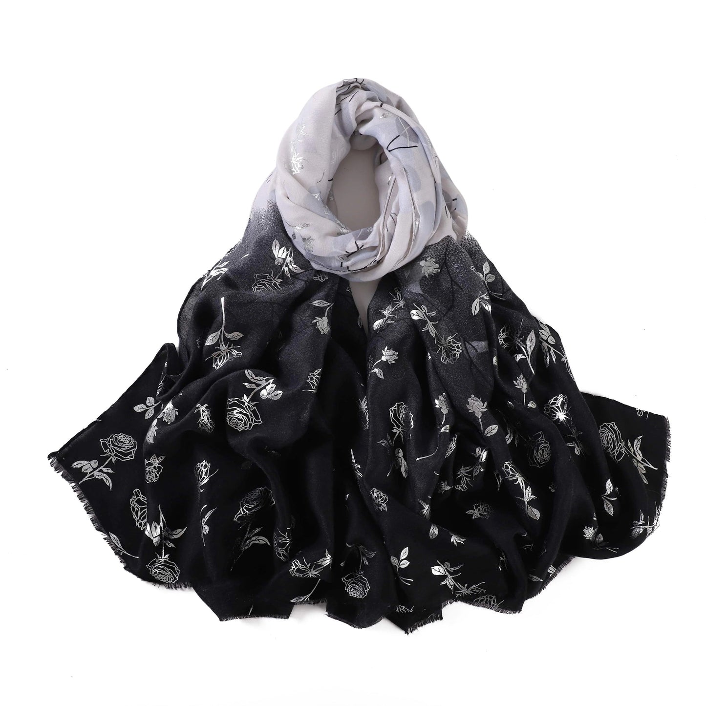 Black floral patterned scarf on a white background