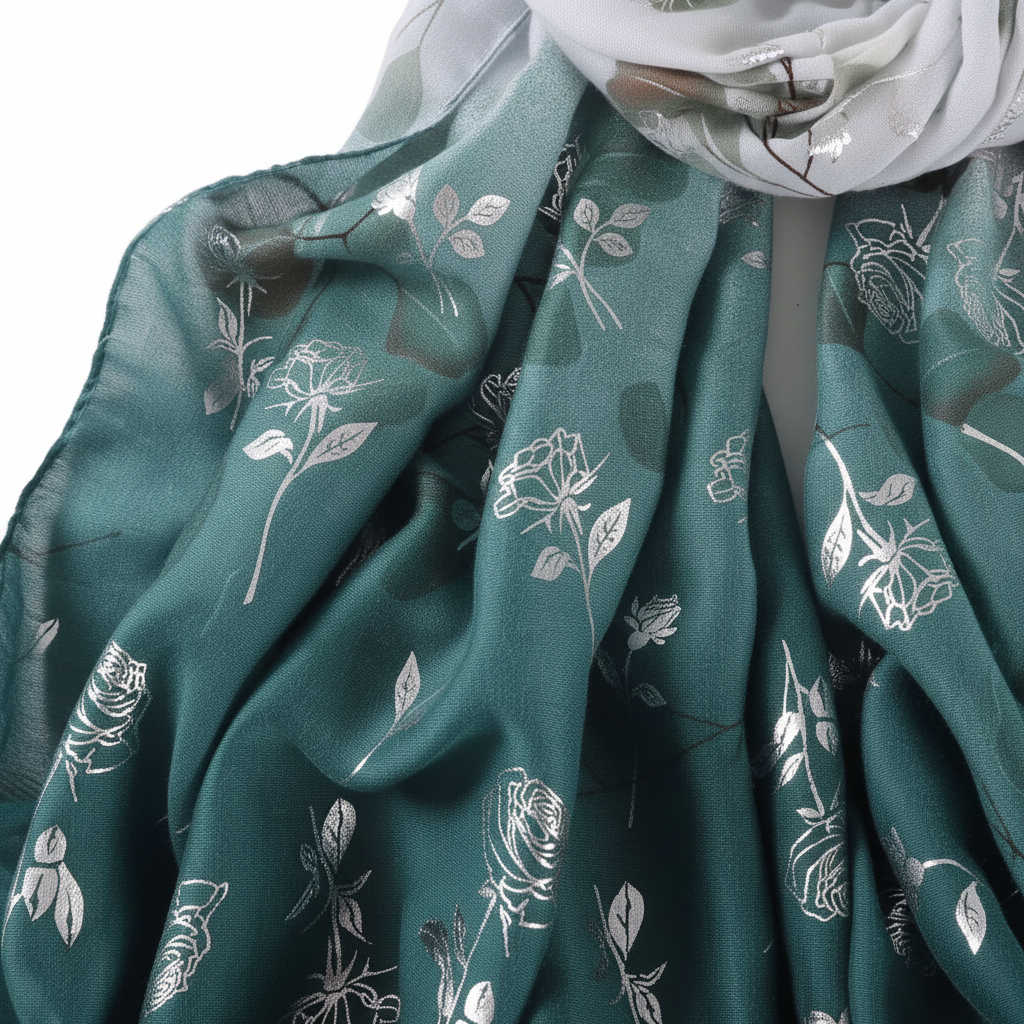 Green scarf with floral patterns draped over a white background