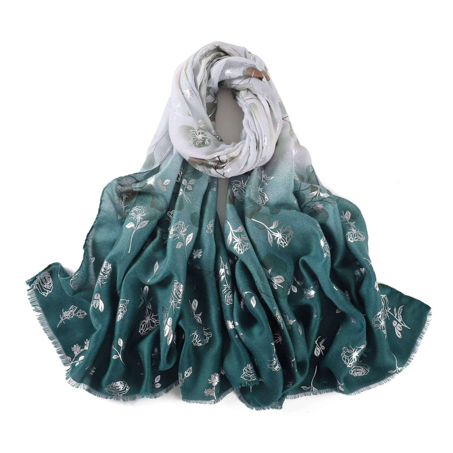 Green floral patterned scarf on a white background