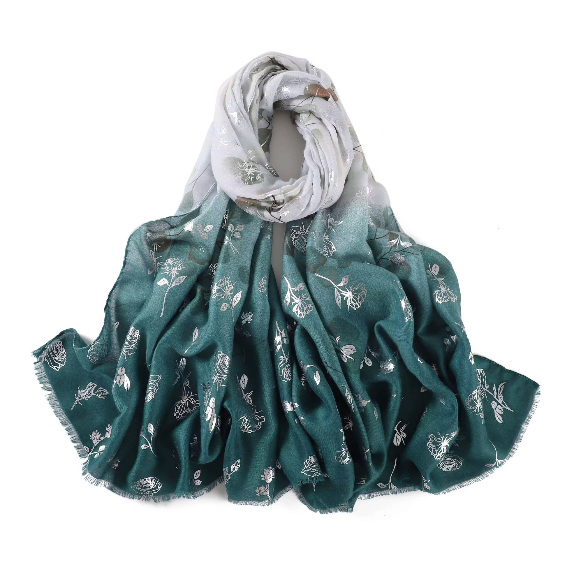 Green floral patterned scarf on a white background