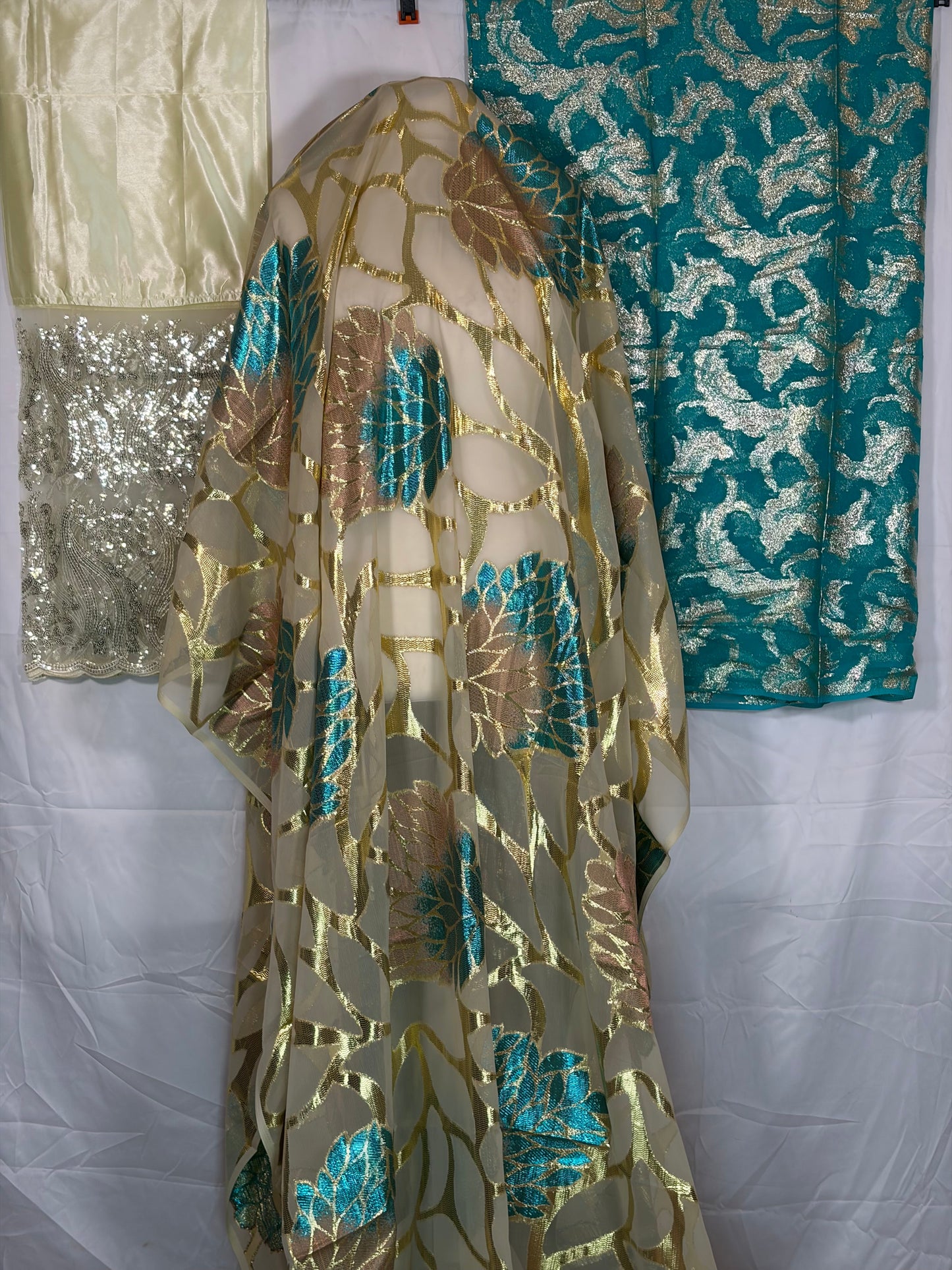Fransawi Dirac Full Set — Cream & Teal Gold Brocade (Unstitched)