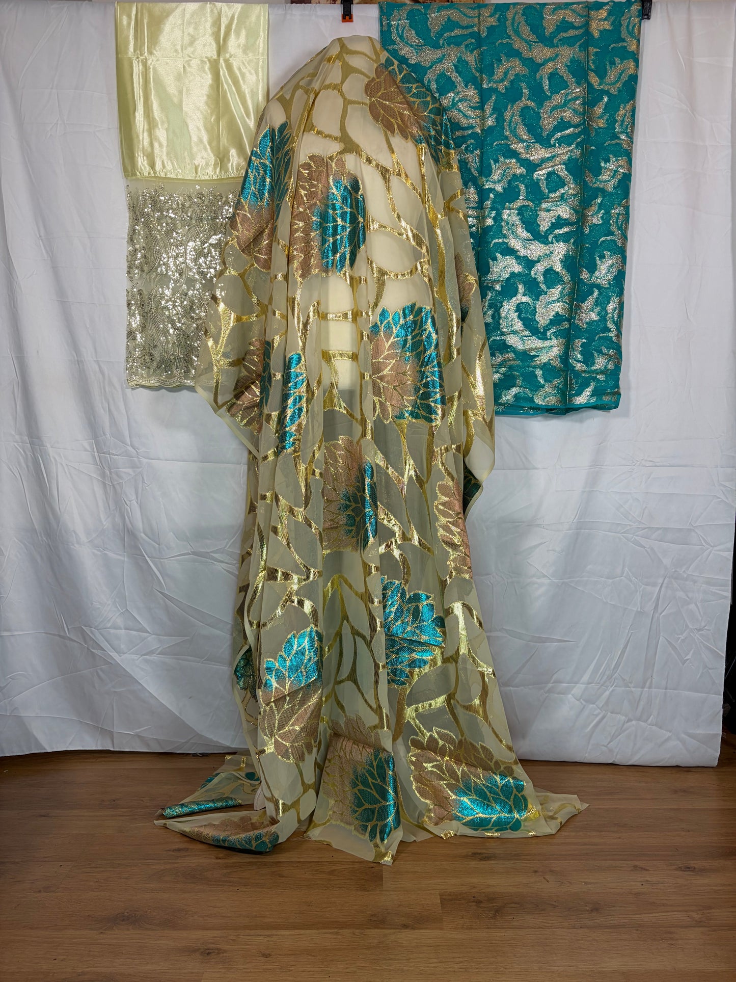 Fransawi Dirac Full Set — Cream & Teal Gold Brocade (Unstitched)
