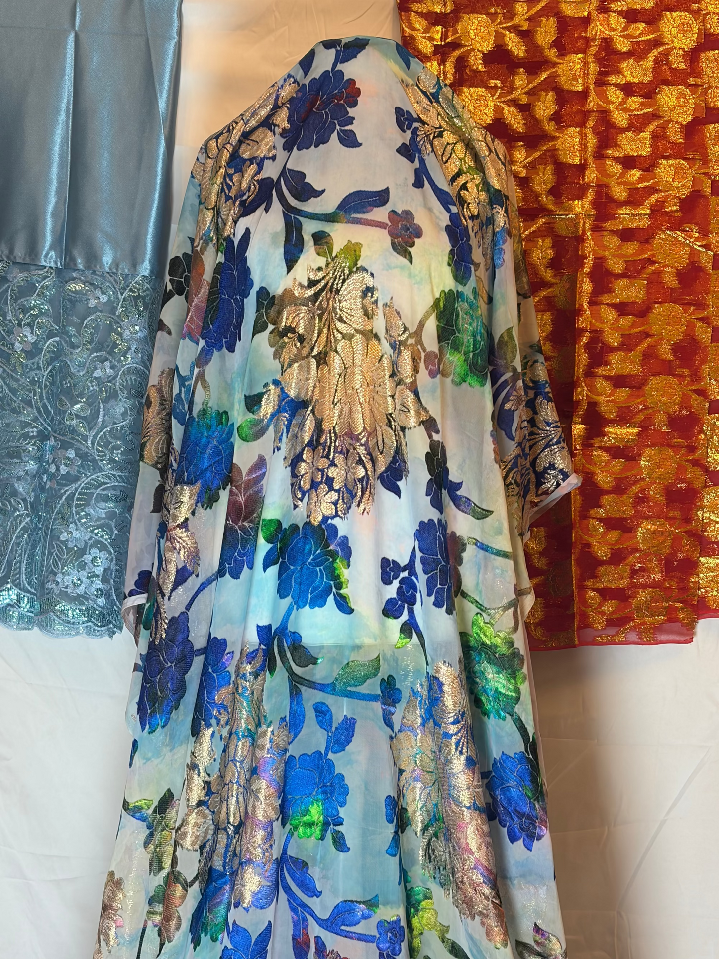 Fransawi Dirac Full Set – Sky Blue Sheer Fabric with Royal Blue & Gold Floral