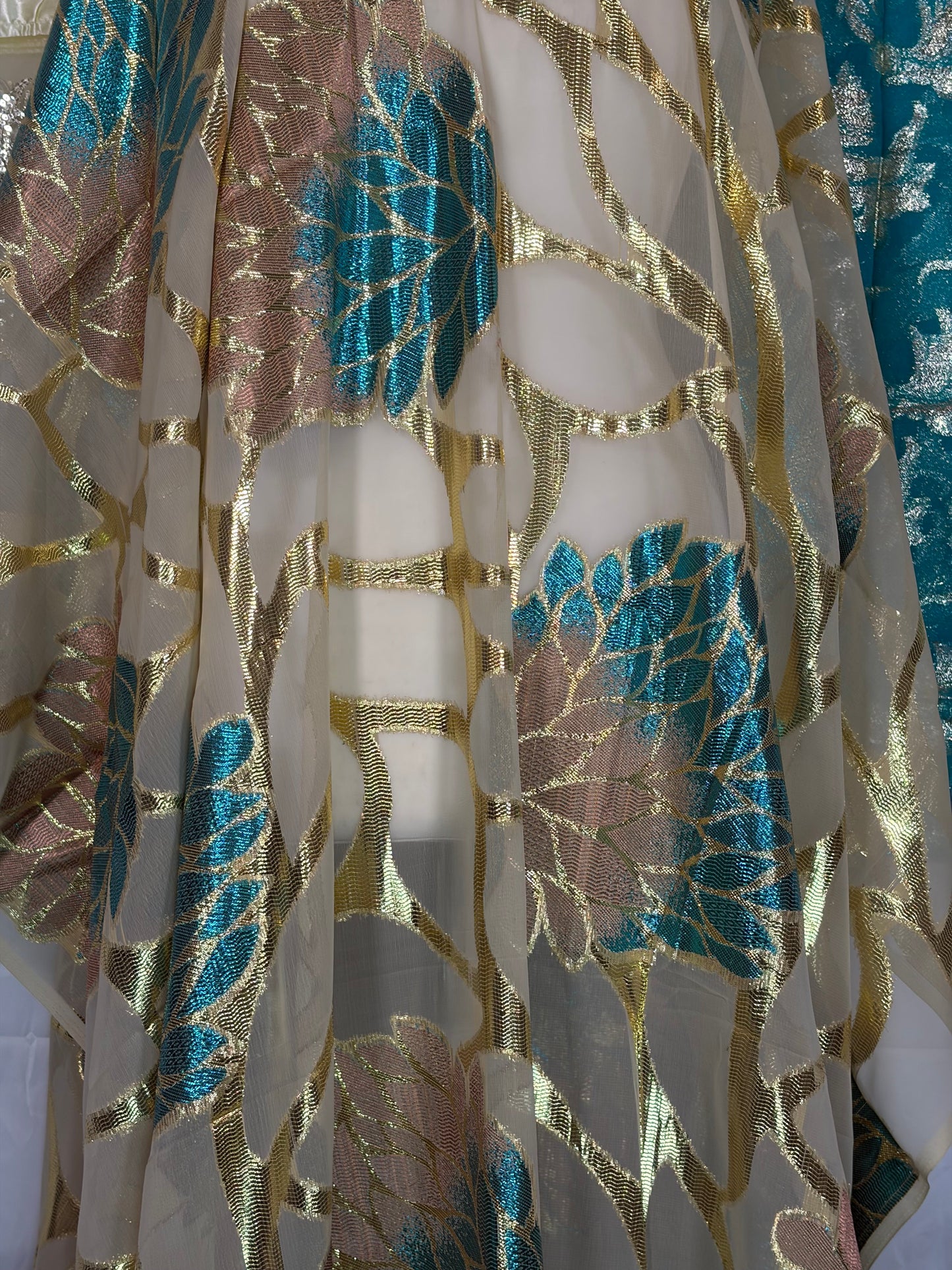 Fransawi Dirac Full Set — Cream & Teal Gold Brocade (Unstitched)