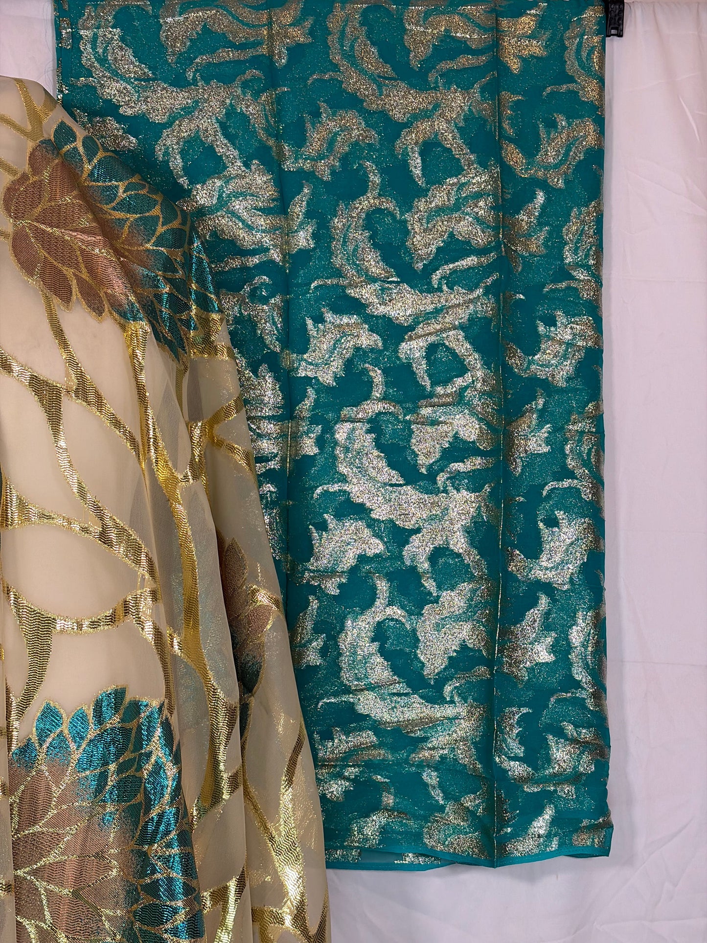 Fransawi Dirac Full Set — Cream & Teal Gold Brocade (Unstitched)