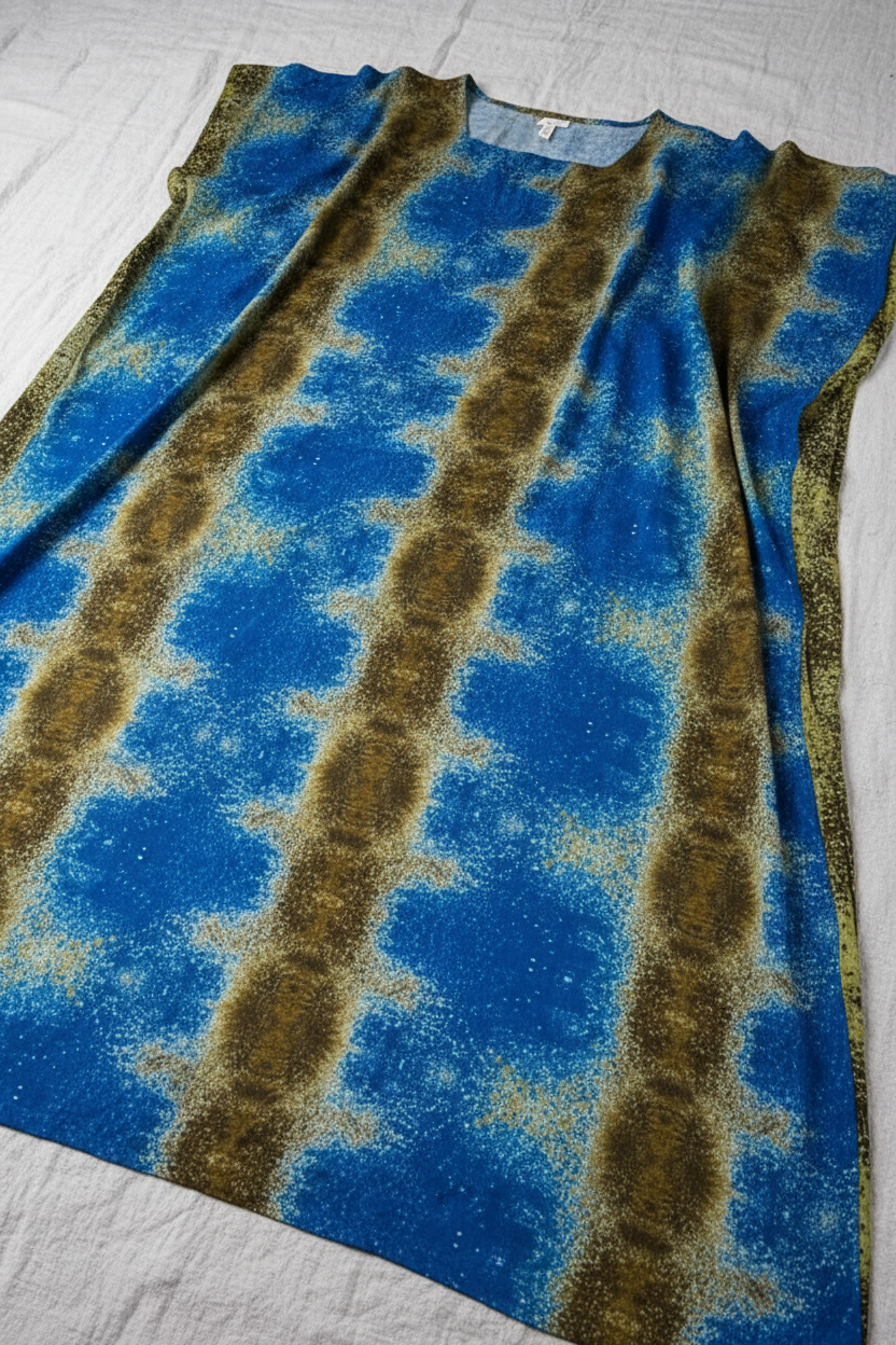 Blue and brown patterned Somali baati fabric on a gray surface