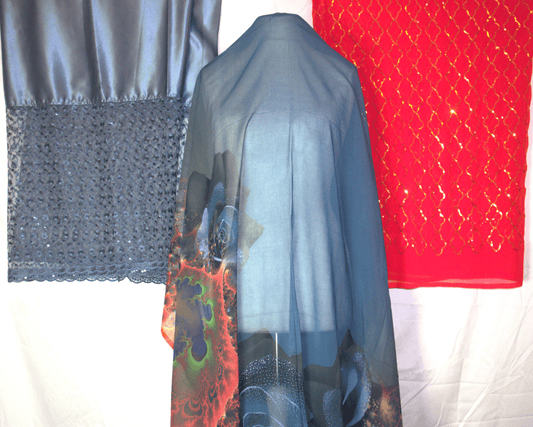 Blue German Dirac fabric with colorful Gabsaar 